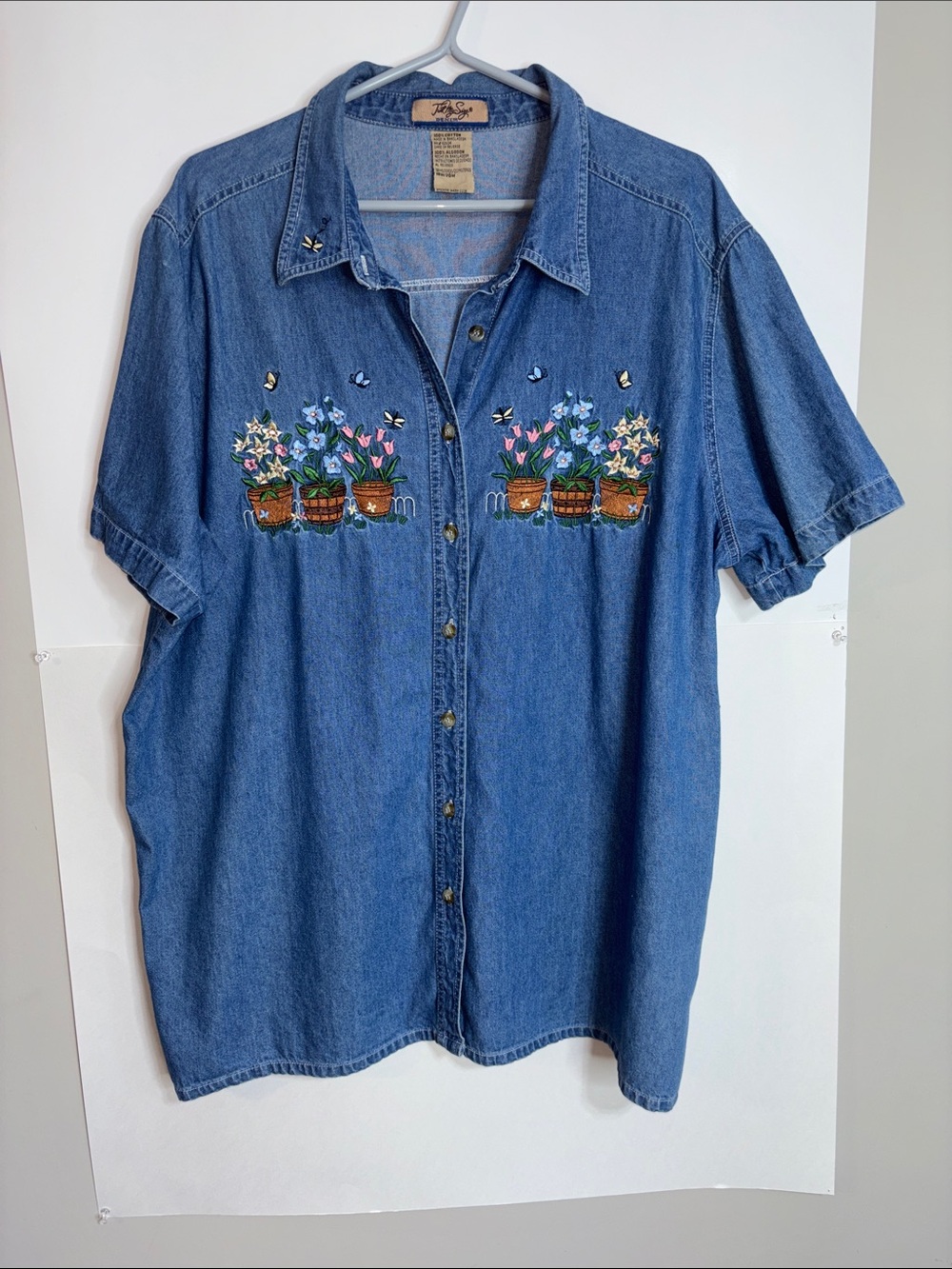Vintage Just My Size Embroidered Denim Button-Up Shirt with Floral Pots 18W/20W